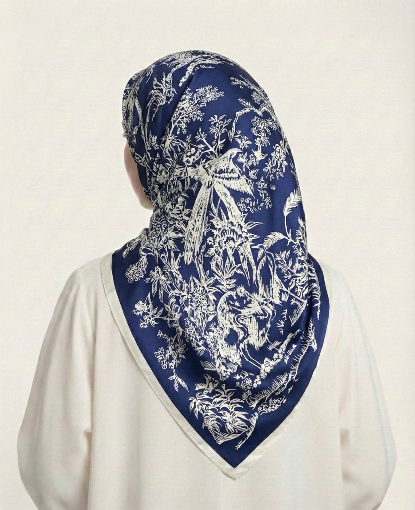 Square Hijab Silk - Navy Blue White 