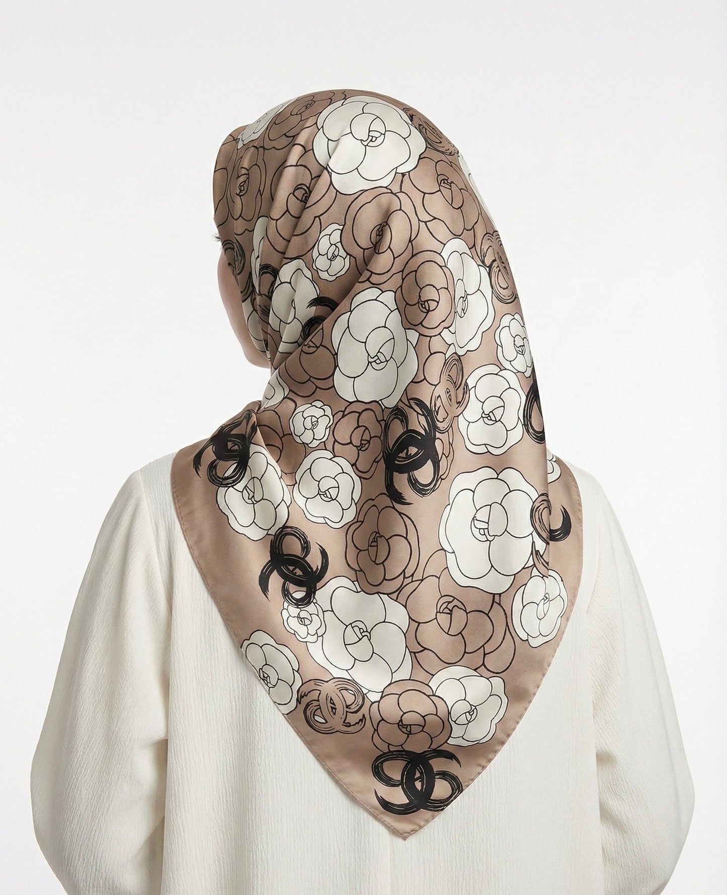 Square Hijab Silk - Floral Beige 